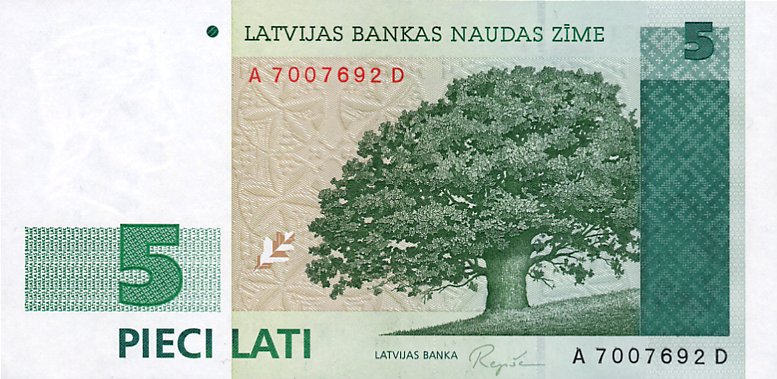 Front of Latvia p43a: 5 Lati from 1992