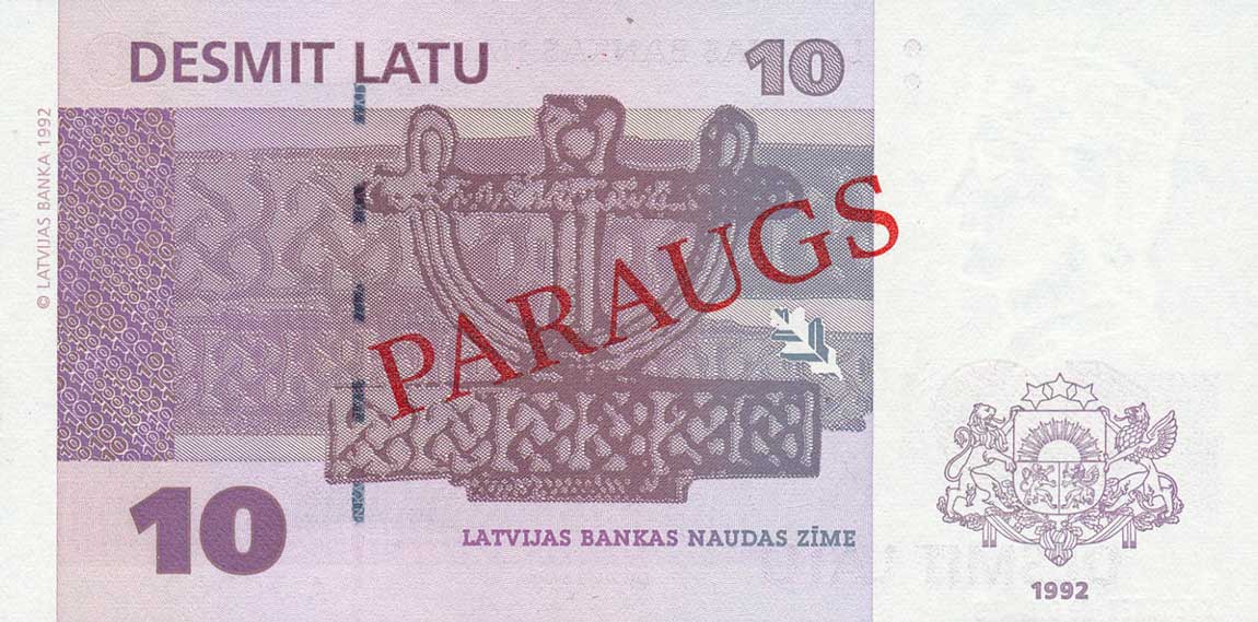 Back of Latvia p44s: 10 Latu from 1992