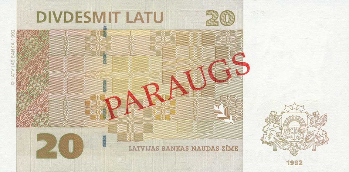 Back of Latvia p45s: 20 Latu from 1992