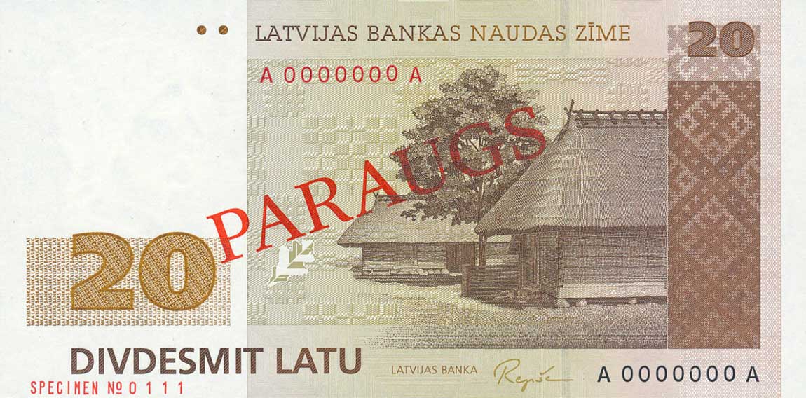 Front of Latvia p45s: 20 Latu from 1992