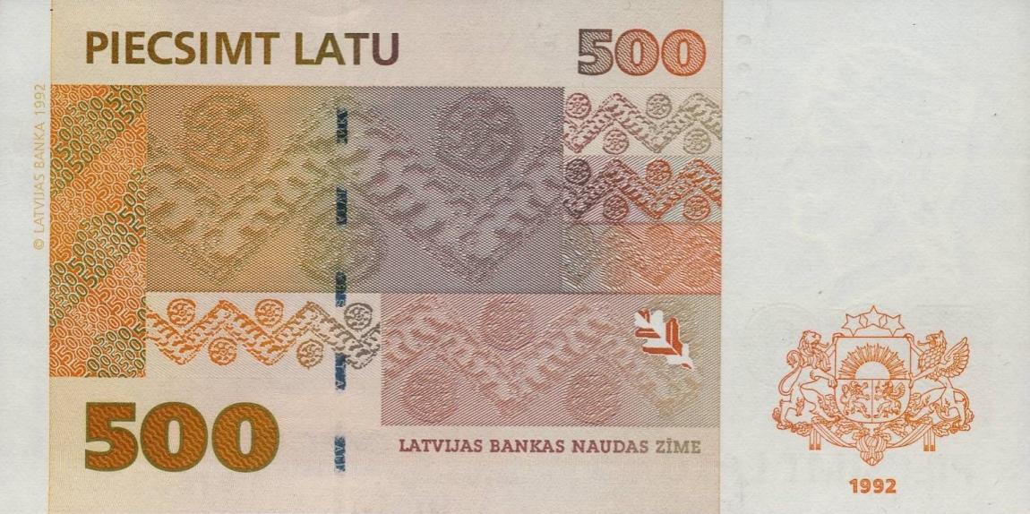 Back of Latvia p48: 500 Latu from 1992