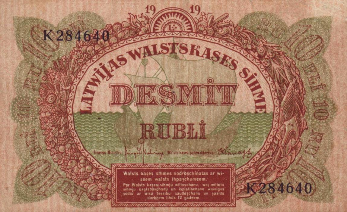 Front of Latvia p4f: 10 Rubli from 1919