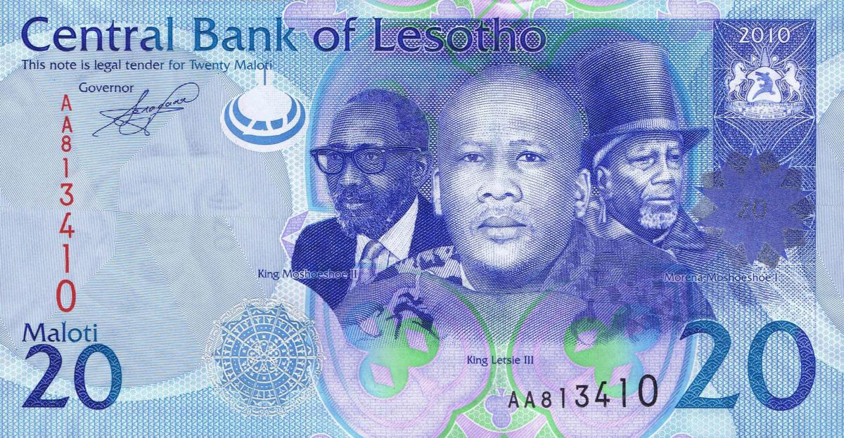 Front of Lesotho p22a: 20 Maloti from 2010