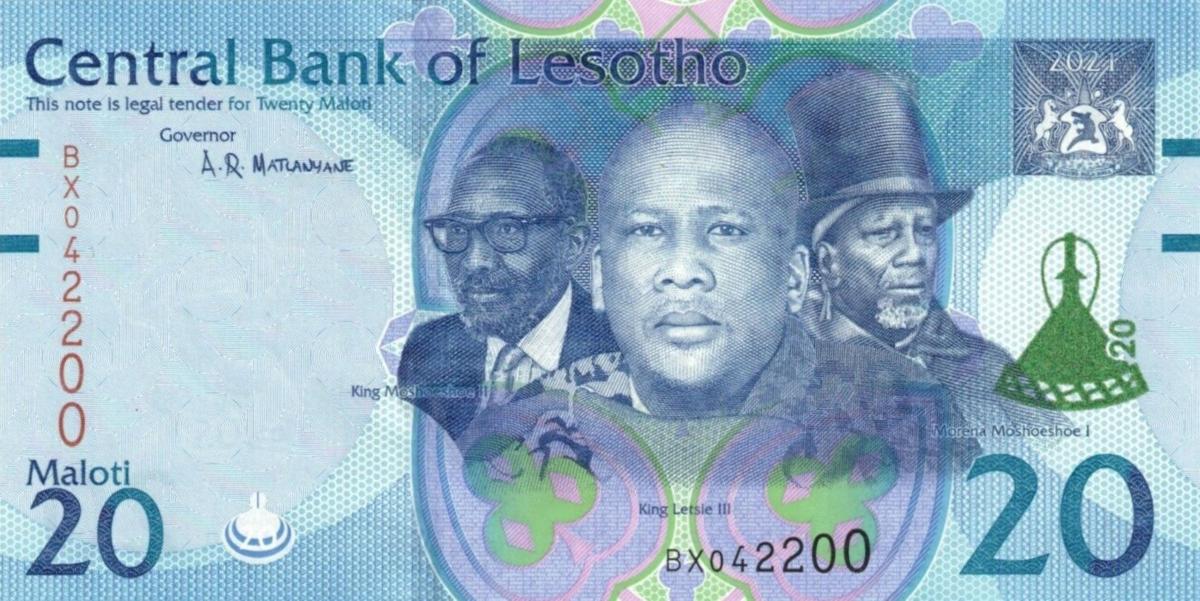 Front of Lesotho p27: 20 Maloti from 2021