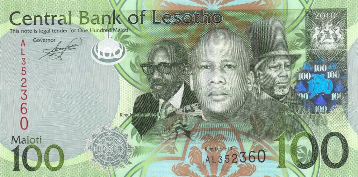 Front of Lesotho p24a: 100 Maloti from 2010