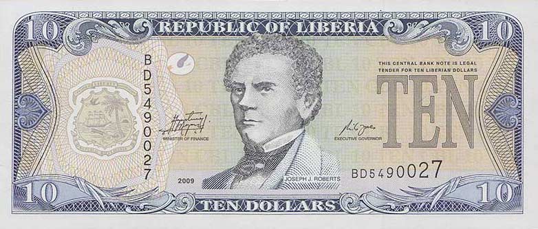 Front of Liberia p27e: 10 Dollars from 2009