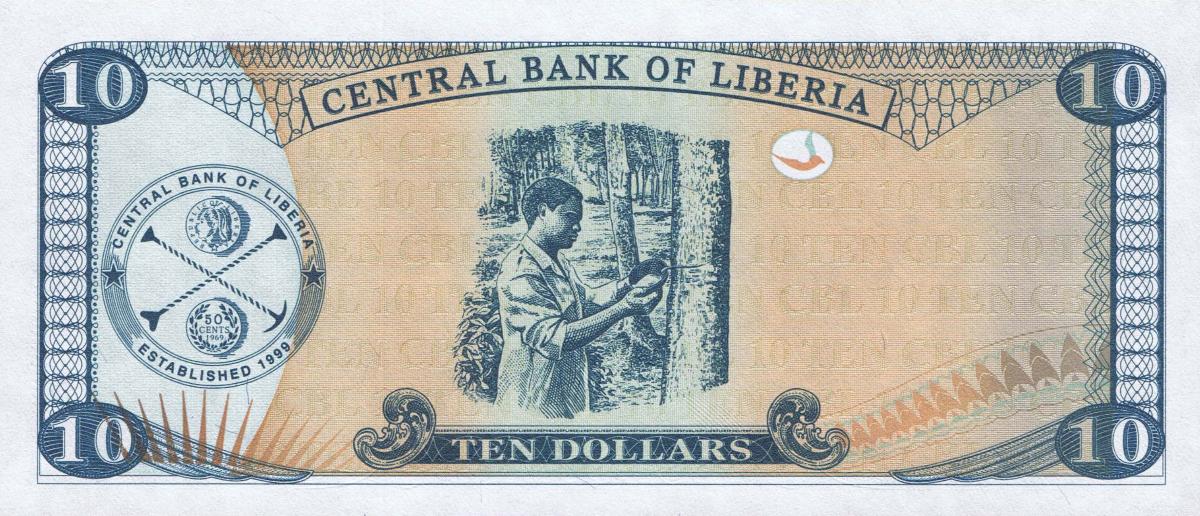 Back of Liberia p27f: 10 Dollars from 2011