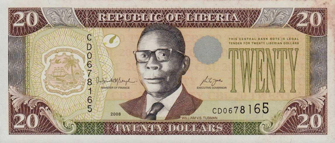 Front of Liberia p28d: 20 Dollars from 2008