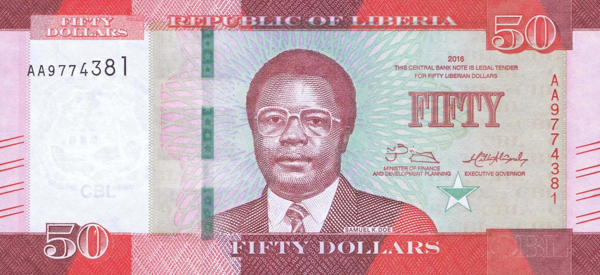 Front of Liberia p34a: 50 Dollars from 2016