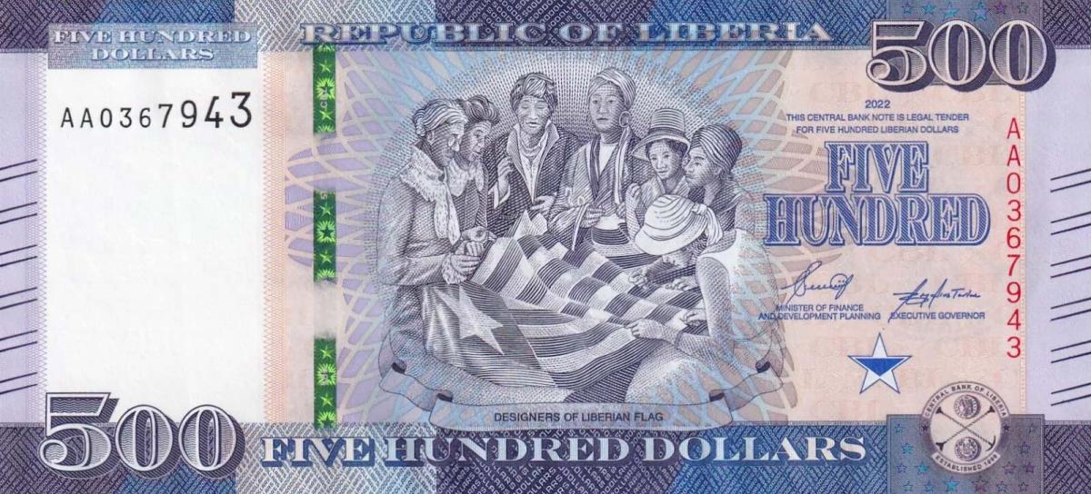 Front of Liberia p38: 500 Dollars from 2022