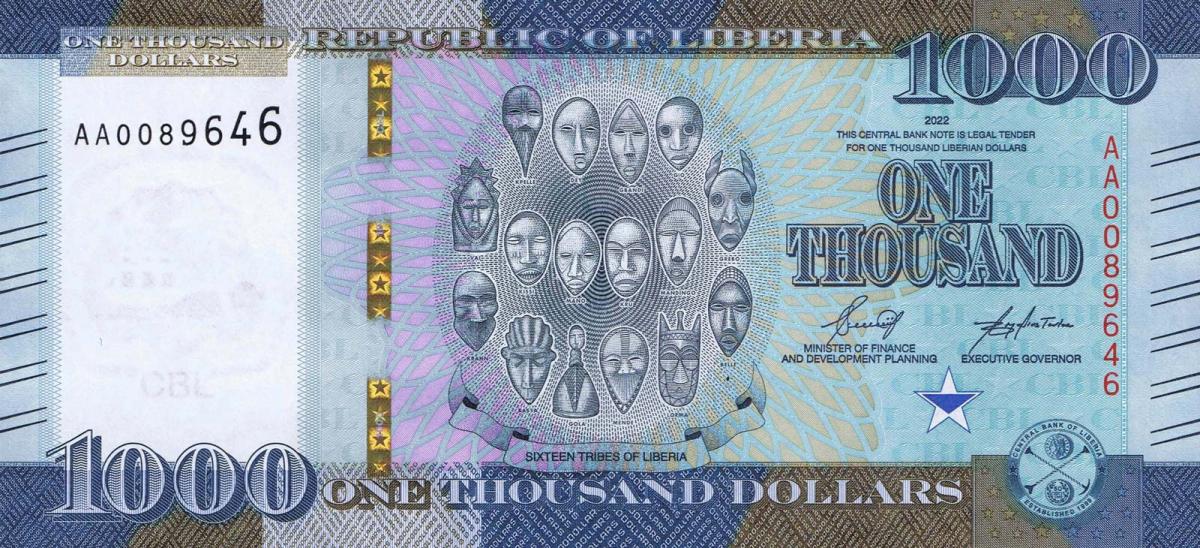 Front of Liberia p39: 1000 Dollars from 2022