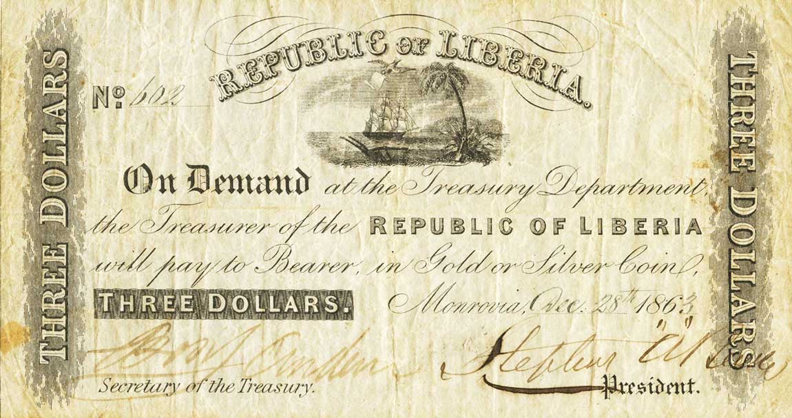 RealBanknotes com gt Liberia p8: 3 Dollars from 1862