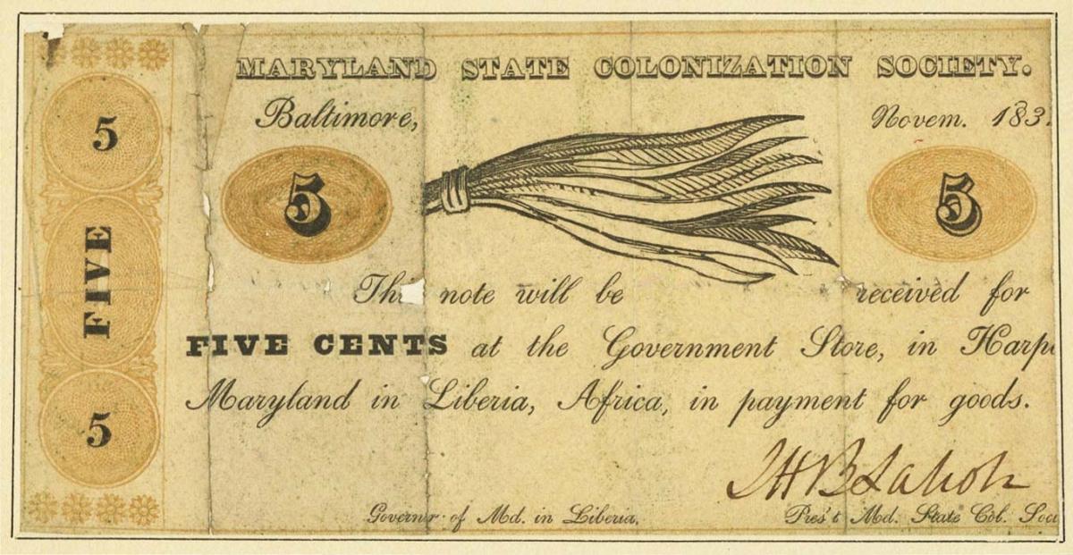 Front of Liberia pS111a: 5 Cents from 1837