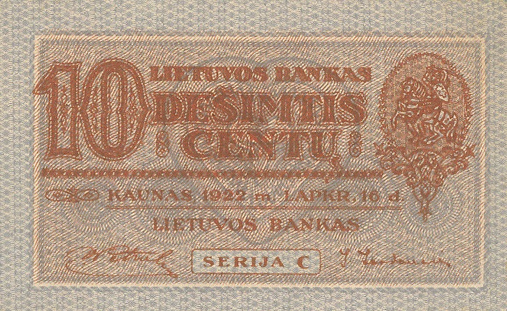 Front of Lithuania p10a: 10 Centu from 1922