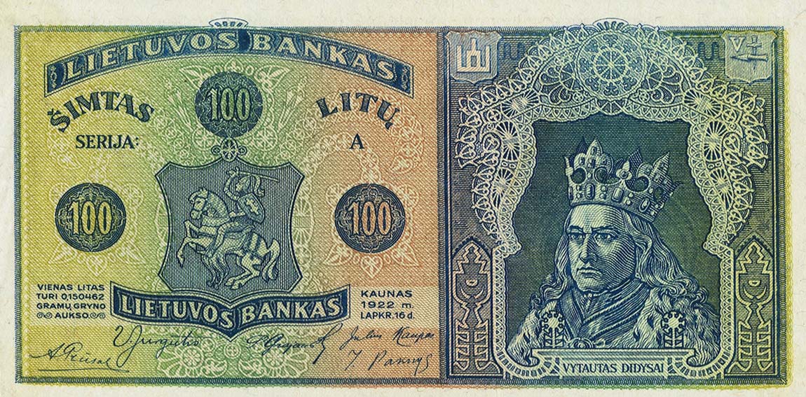 Front of Lithuania p20s3: 100 Litu from 1922
