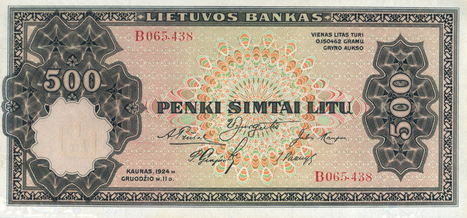 Front of Lithuania p21a: 500 Litu from 1924