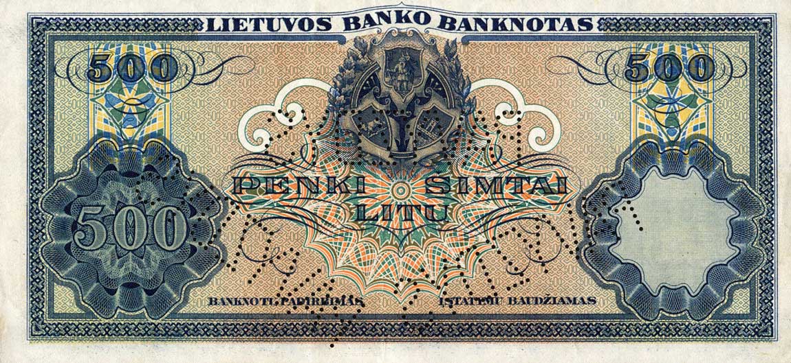Back of Lithuania p21s1: 500 Litu from 1924