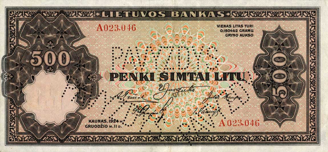 Front of Lithuania p21s1: 500 Litu from 1924