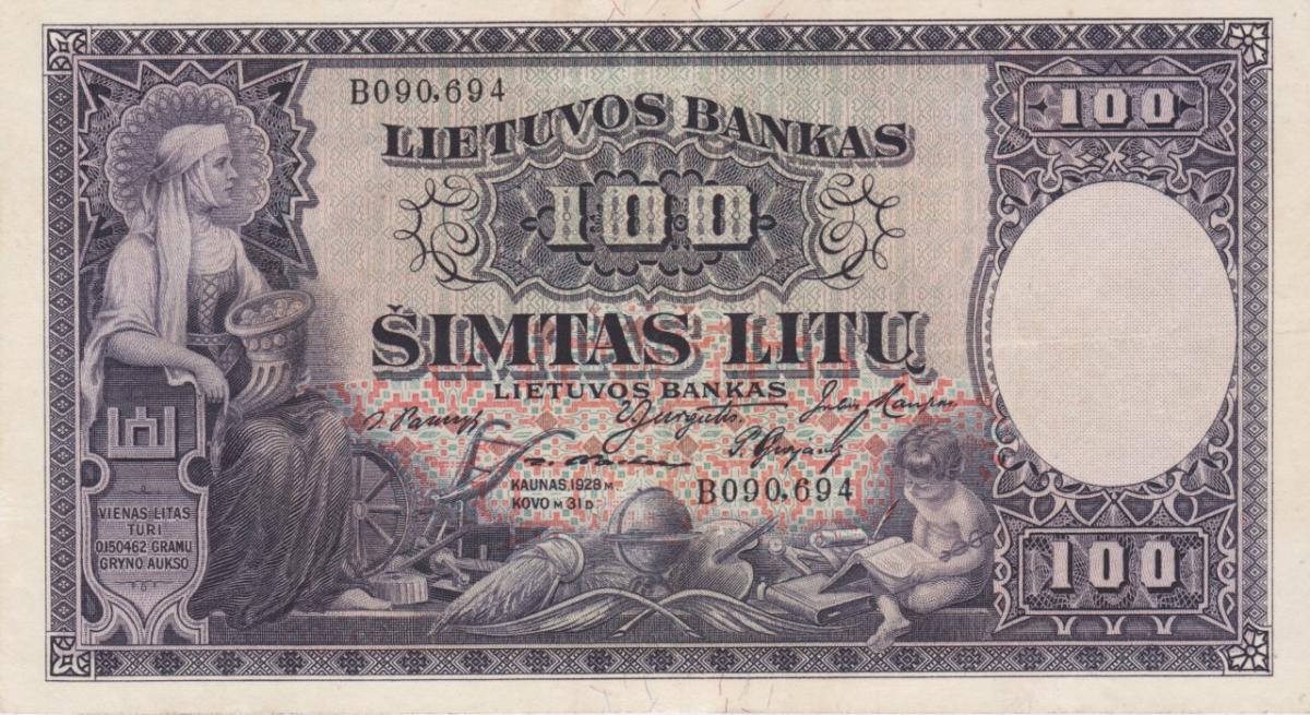 Front of Lithuania p25a: 100 Litu from 1928