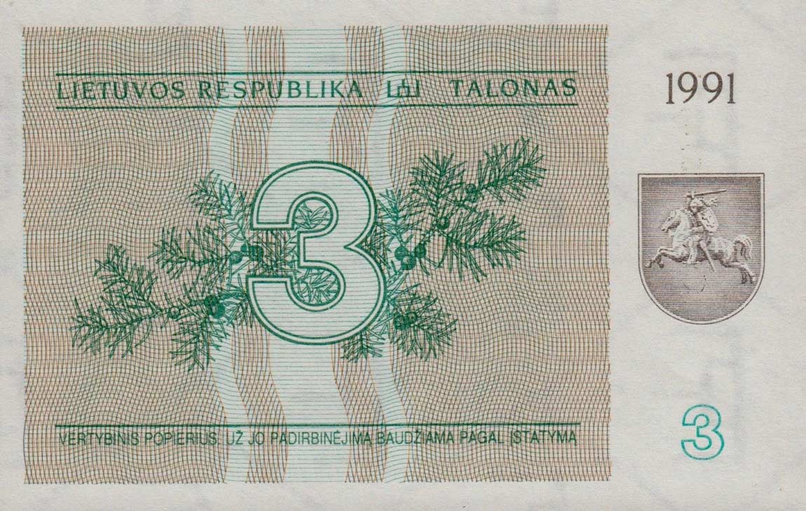 Front of Lithuania p33a: 3 Talonas from 1991