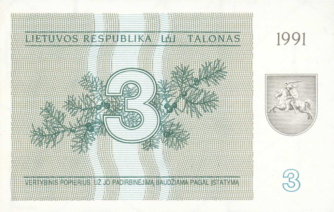 Front of Lithuania p33b: 3 Talonas from 1991