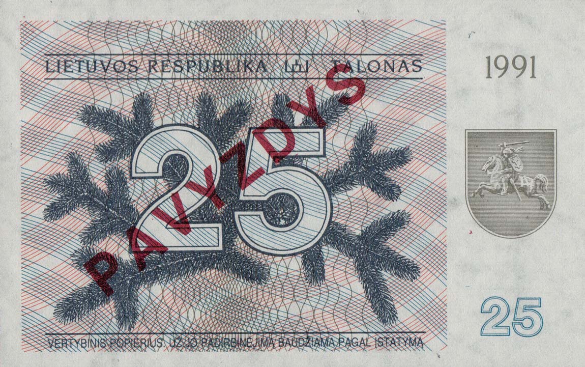 Front of Lithuania p36s: 25 Talonas from 1991