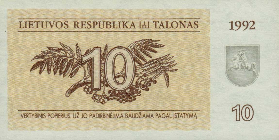 Back of Lithuania p40a: 10 Talonas from 1992