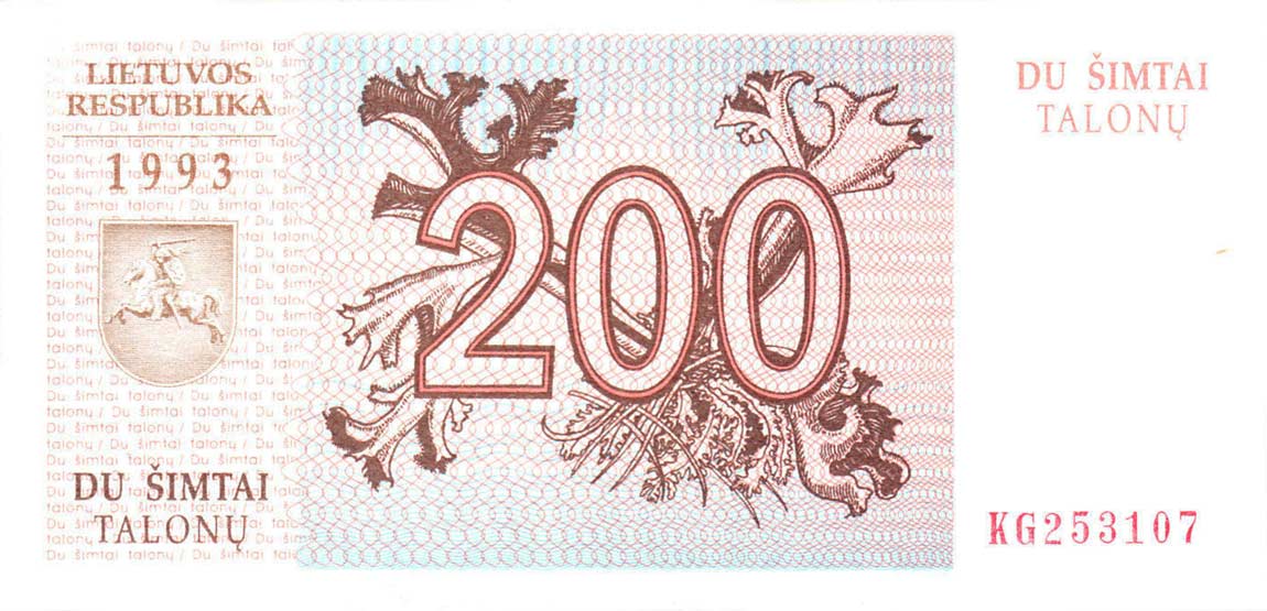 Front of Lithuania p45a: 200 Talonas from 1993