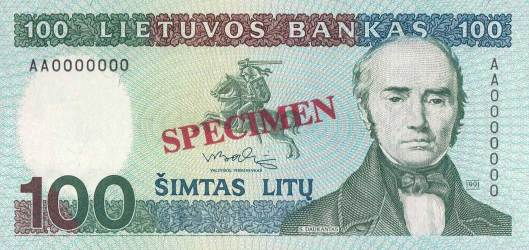 Front of Lithuania p50s: 100 Litu from 1991