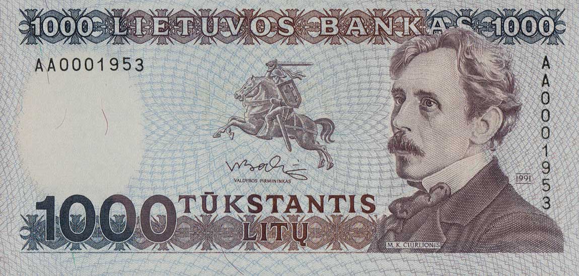 Front of Lithuania p52a: 1000 Litu from 1991