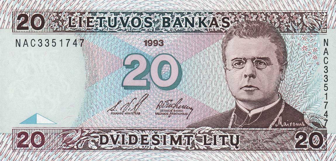 Front of Lithuania p57a: 20 Litai from 1993