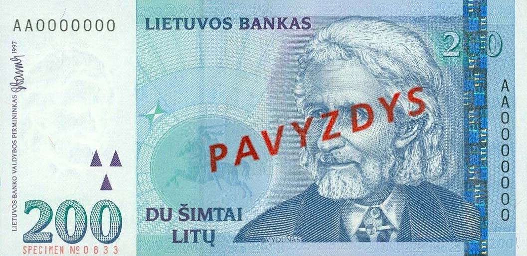 Front of Lithuania p63s: 200 Litai from 1997