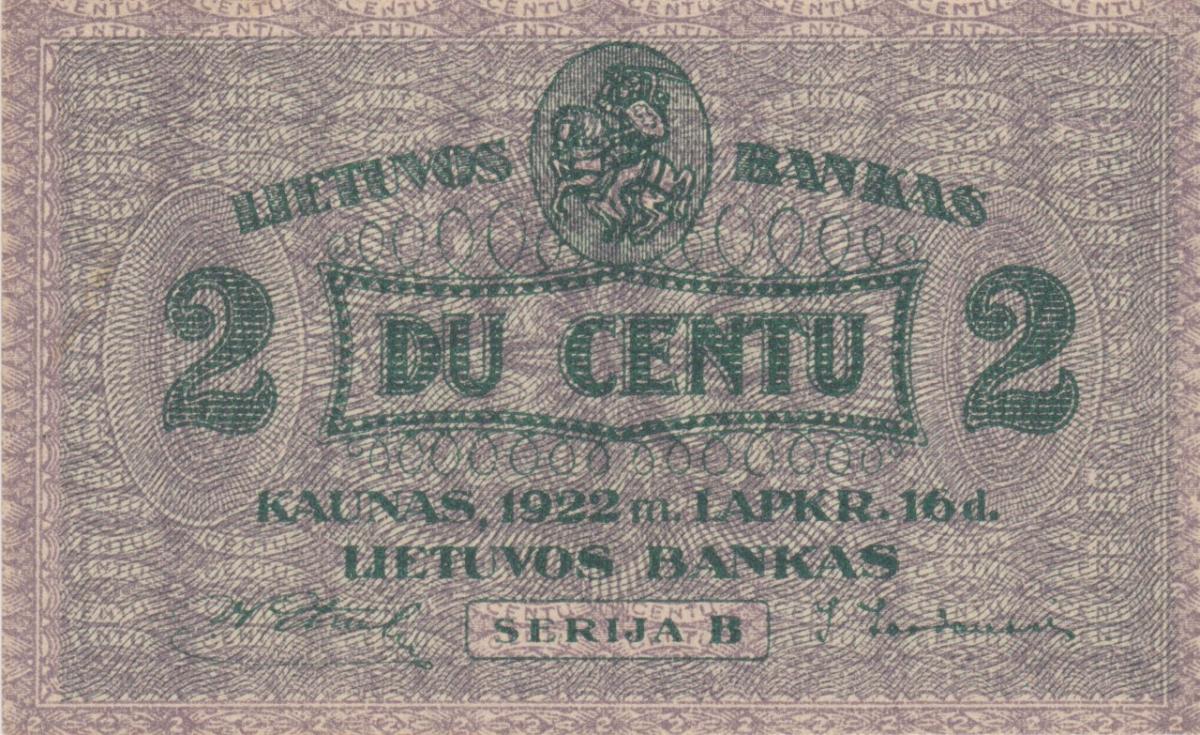 Front of Lithuania p8a: 2 Centu from 1922