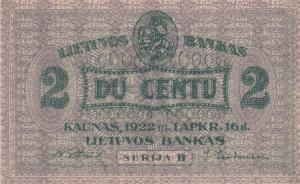p8a from Lithuania: 2 Centu from 1922