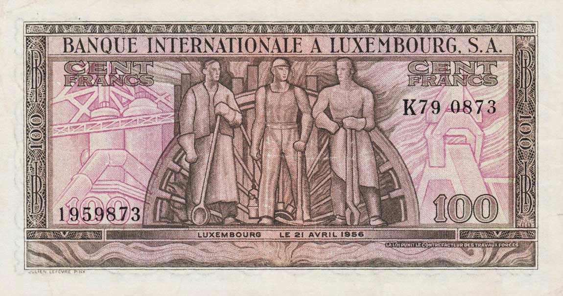 Back of Luxembourg p13a: 100 Francs from 1956