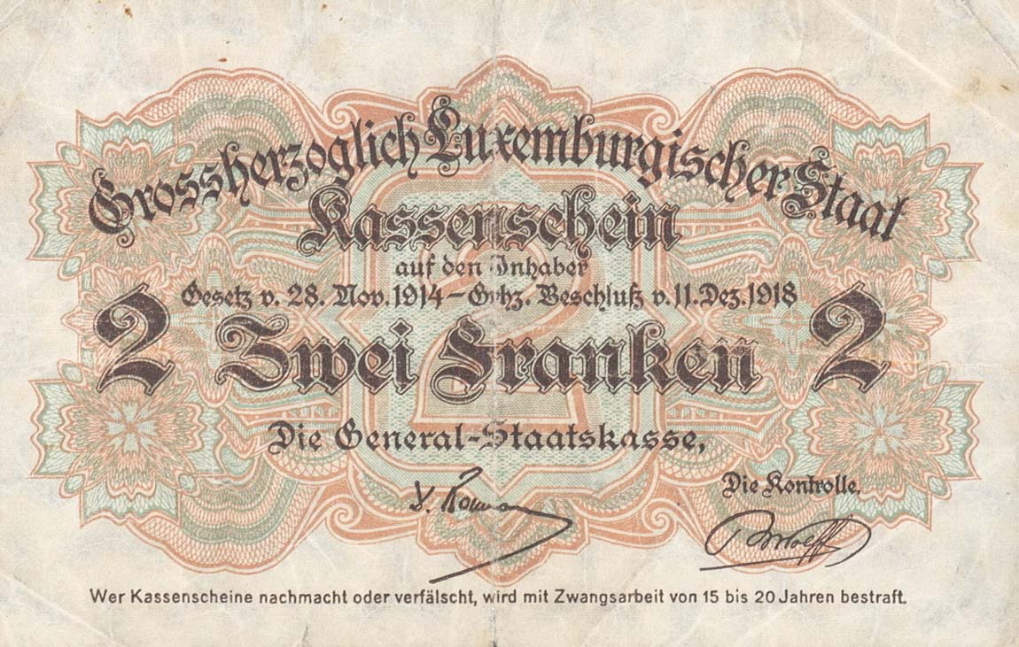 Back of Luxembourg p22: 2 Franken from 1914