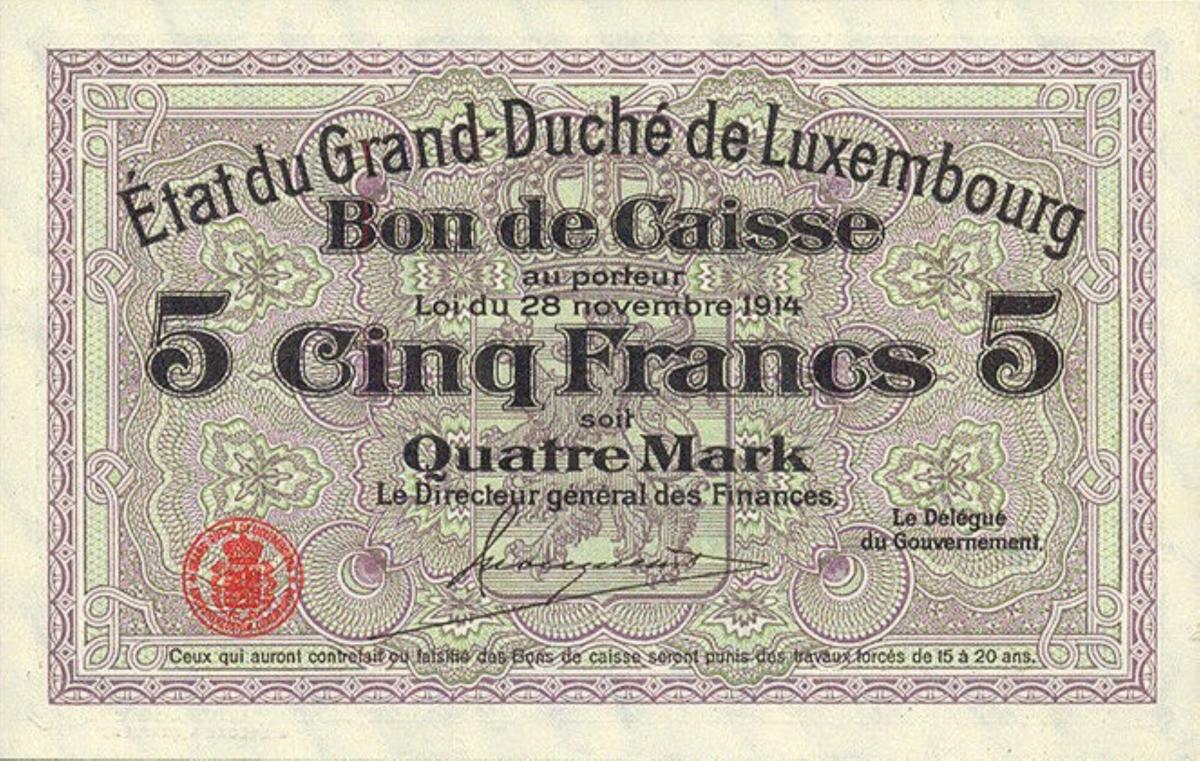 Front of Luxembourg p23: 5 Franken from 1914