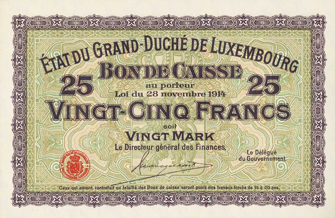 Front of Luxembourg p24: 25 Franken from 1914