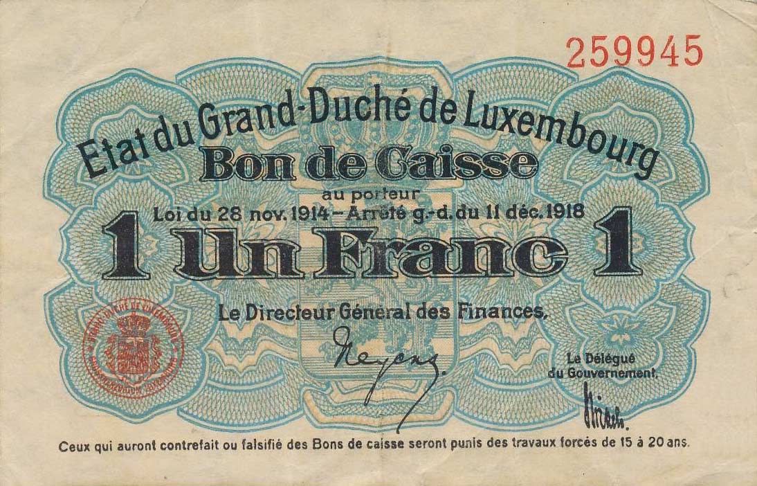 Front of Luxembourg p27: 1 Franc from 1914