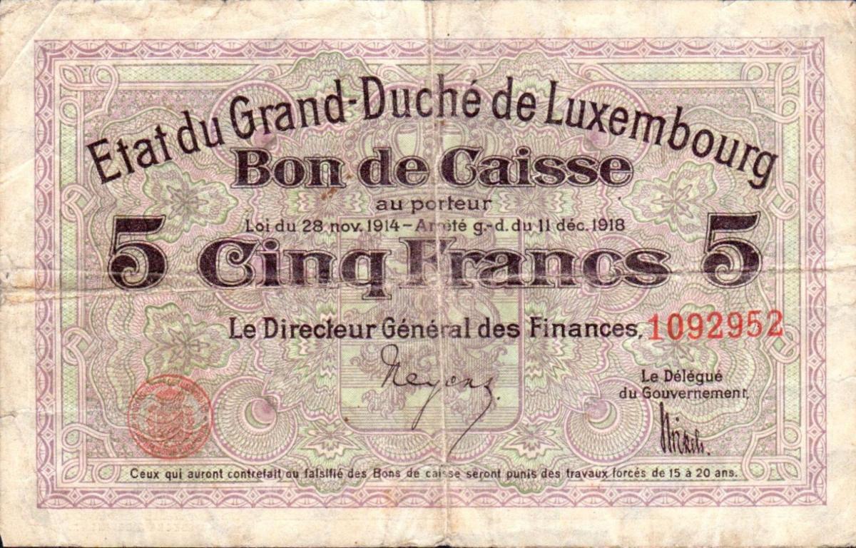 Front of Luxembourg p29a: 5 Francs from 1914
