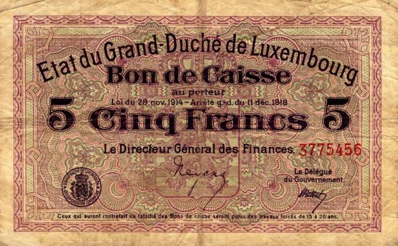 Back of Luxembourg p29c: 5 Francs from 1914