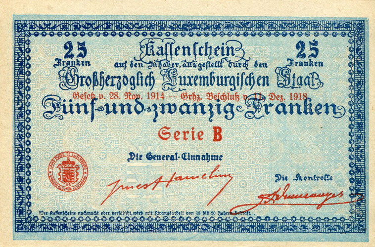 Back of Luxembourg p31a: 25 Francs from 1914
