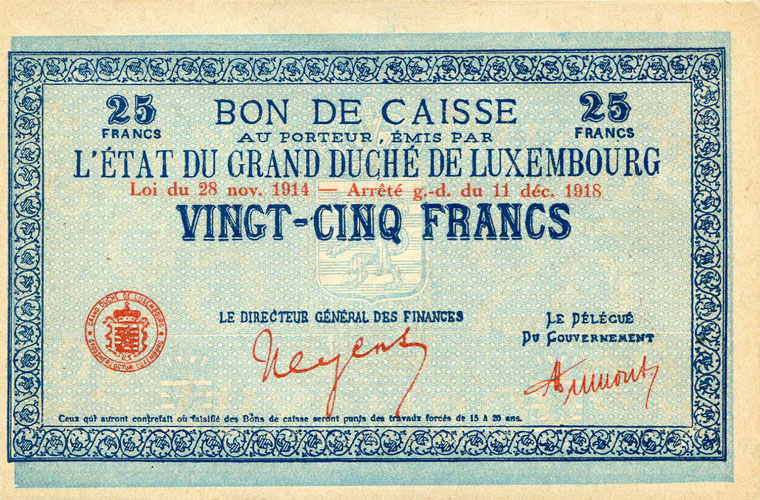 Front of Luxembourg p31a: 25 Francs from 1914