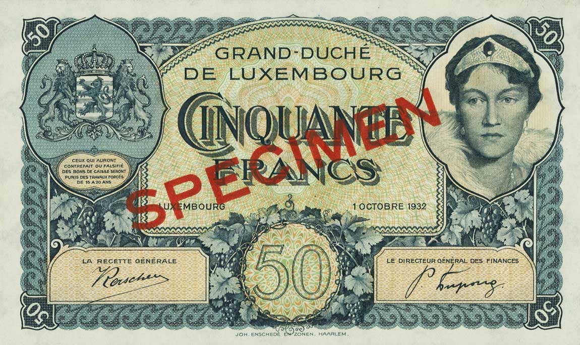 Front of Luxembourg p38s1: 50 Francs from 1932