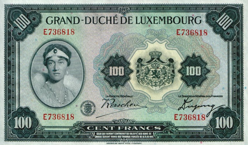 Front of Luxembourg p39a: 100 Francs from 1934