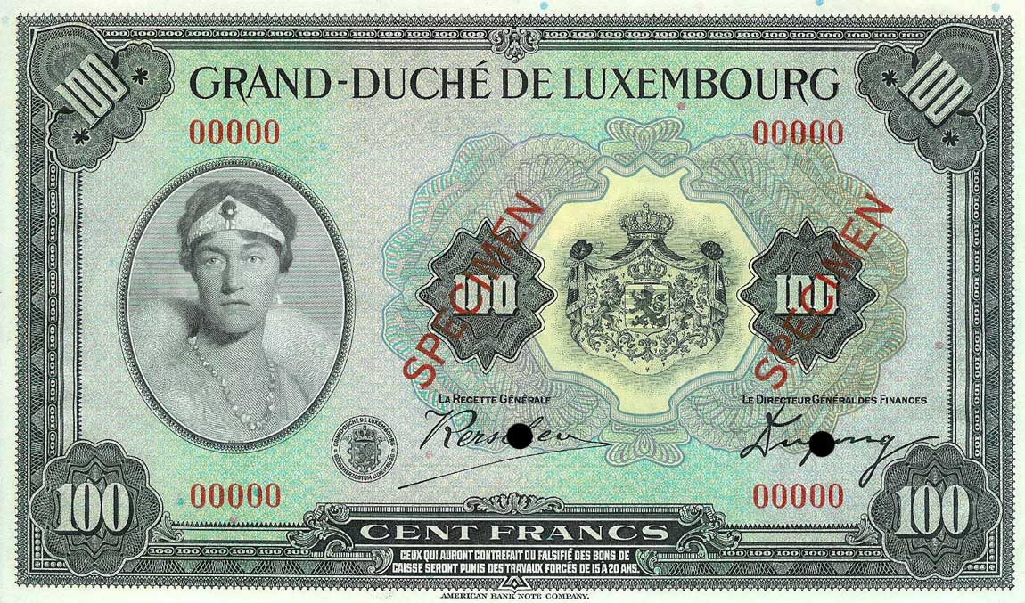 Front of Luxembourg p39s: 100 Francs from 1934