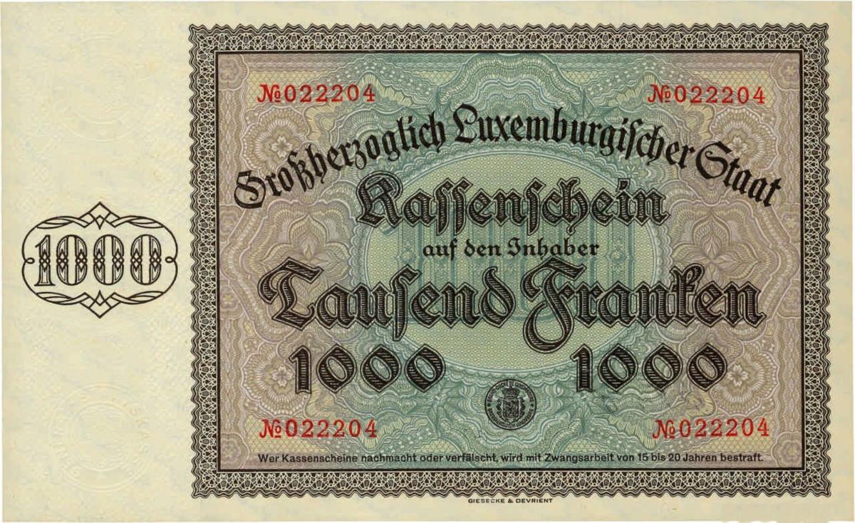 Back of Luxembourg p40a: 1000 Francs from 1939