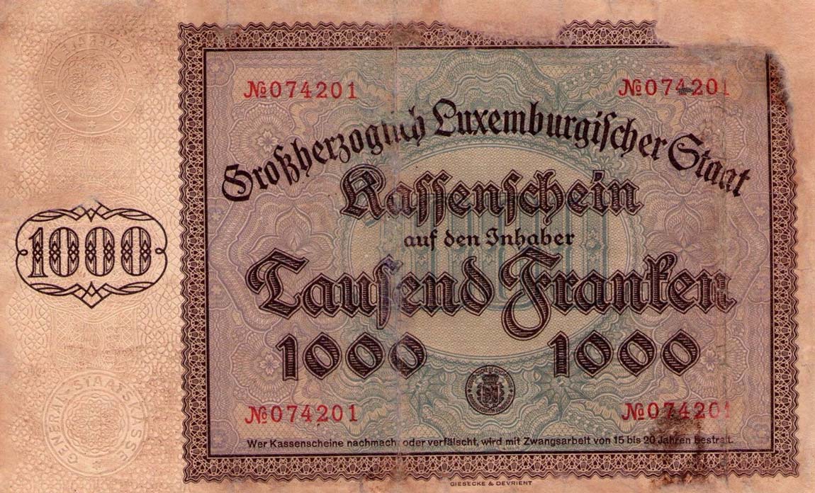 Back of Luxembourg p40a: 1000 Francs from 1939