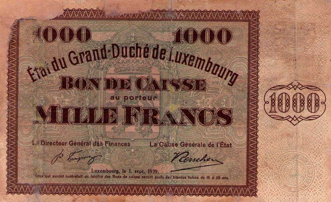 Front of Luxembourg p40a: 1000 Francs from 1939