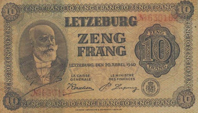 Front of Luxembourg p41: 10 Frang from 1940